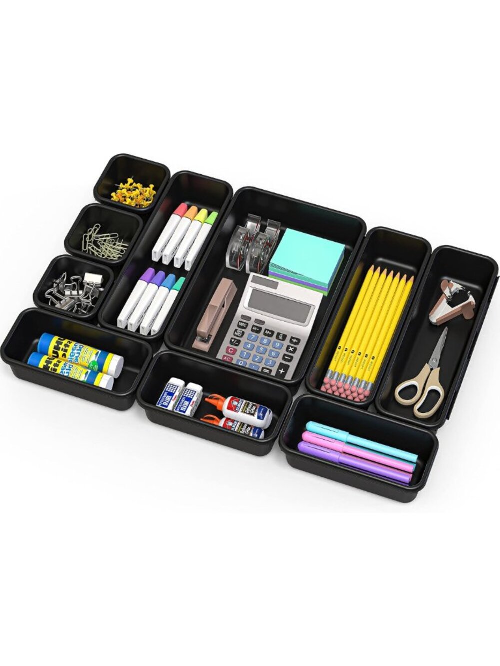 10-Pack Black Interlocking Desk Drawer Organizer Bins for Home & Office Storage